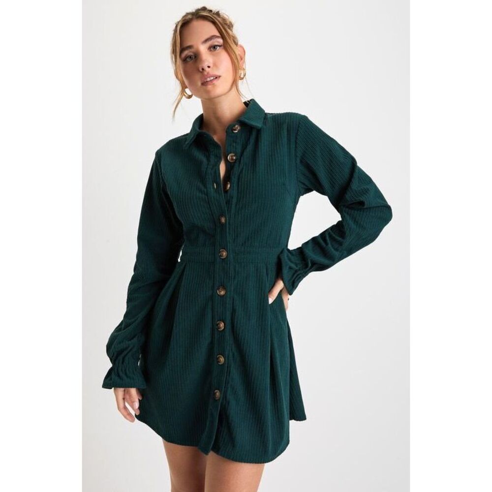 Lulus Autumn Mood Emerald Green Corduroy Mini Dress With Pockets - Size S